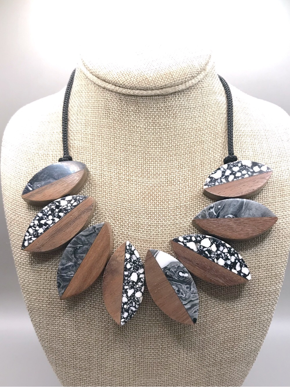Black, White & Brown Geometric Wood & Resin Statement Necklace